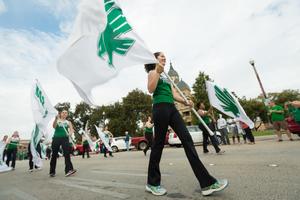 Primary view of object titled '[UNT Colorguard in Homecoming Parade]'.