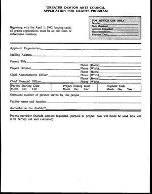 Primary view of object titled 'Greater Denton Arts Council Application for Grants Program [blank]'.