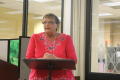 Photograph: [Judy Janzen giving administrator report at CSLA meeting]