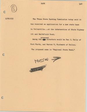 Primary view of object titled '[News Script: New state bank application]'.
