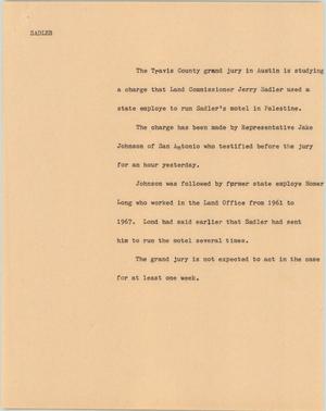 Primary view of object titled '[News Script: Sadler]'.