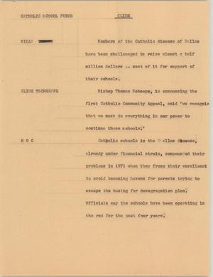 Primary view of object titled '[News Script: Catholic school funds]'.