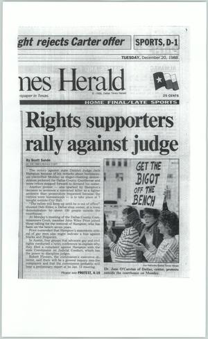 Primary view of object titled '[Clipping: Rights supporters rally against judge]'.
