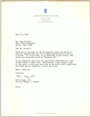 Primary view of object titled '[Letter from Kellie Hayes to Linda Mitchell, April 13, 1988]'.