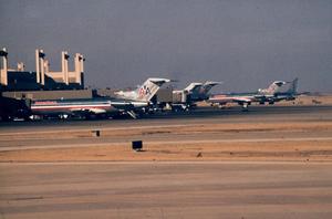 Primary view of object titled '[American Airlines jets at boarding gates]'.