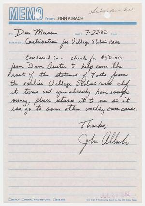 Primary view of object titled '[Memo from John Albach to Don Maison, July 22, 1980]'.