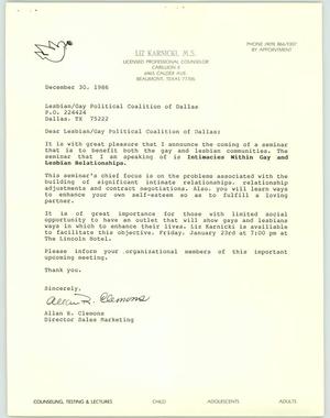 Primary view of object titled '[Letter from Allan R. Clemons to the Lesbian/Gay Political Coalition, December 30, 1986]'.