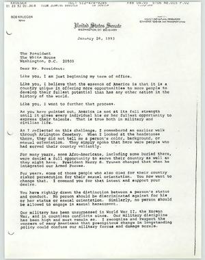 Primary view of object titled '[Letter from Bob Krueger to the President, January 26, 1993]'.