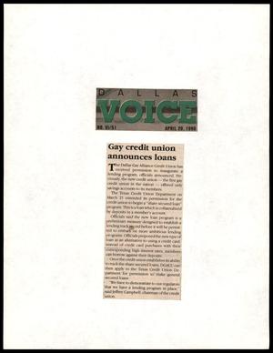 Primary view of object titled '[Clipping: Gay credit union announces loans]'.