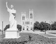 Photograph: [The façade of the First United Methodist Church with a statue of Jes…