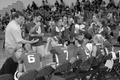 Photograph: [UNT volleyball team huddles during ORU match]