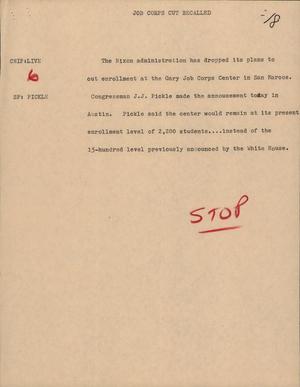 Primary view of object titled '[News Script: Job corps cut recalled]'.