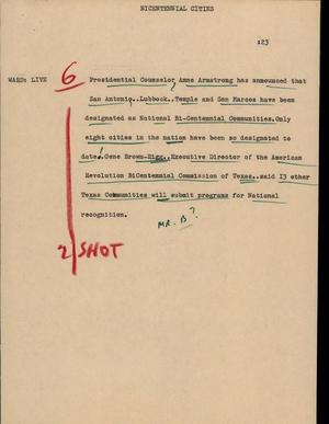 Primary view of object titled '[News Script: Bicentennial cities]'.