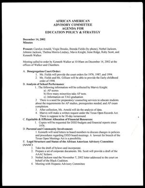 Primary view of object titled '[Minutes from the African American Advisory Committee Agenda for Education Policy and Strategy meeting]'.