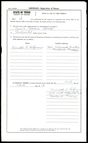 Primary view of object titled '[Certificate Name Registry Form for Ken's Man's Shop]'.