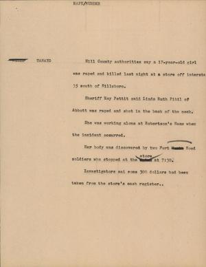 Primary view of object titled '[News Script: Rape murder]'.