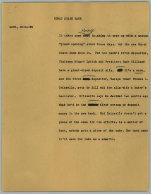 Primary view of object titled '[News Script: Hurst State Bank]'.