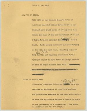 Primary view of object titled '[News Script: University of Dallas]'.