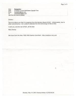 Primary view of object titled '[Email from Mary Cheney to Charles Francis, May 19, 2003]'.