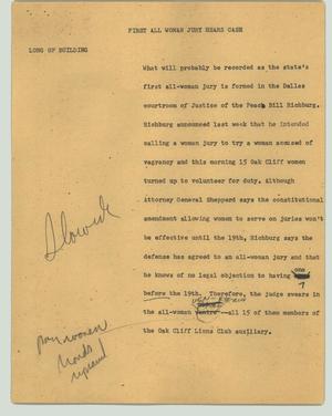 Primary view of object titled '[News Script: First all woman jury hears case]'.