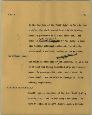 Primary view of object titled '[News Script: Bowler]'.