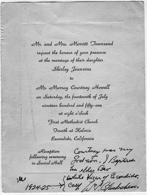 Primary view of object titled '[Wedding Invitation for Shirley Townsend and Mr. Murray Courtney Howell]'.