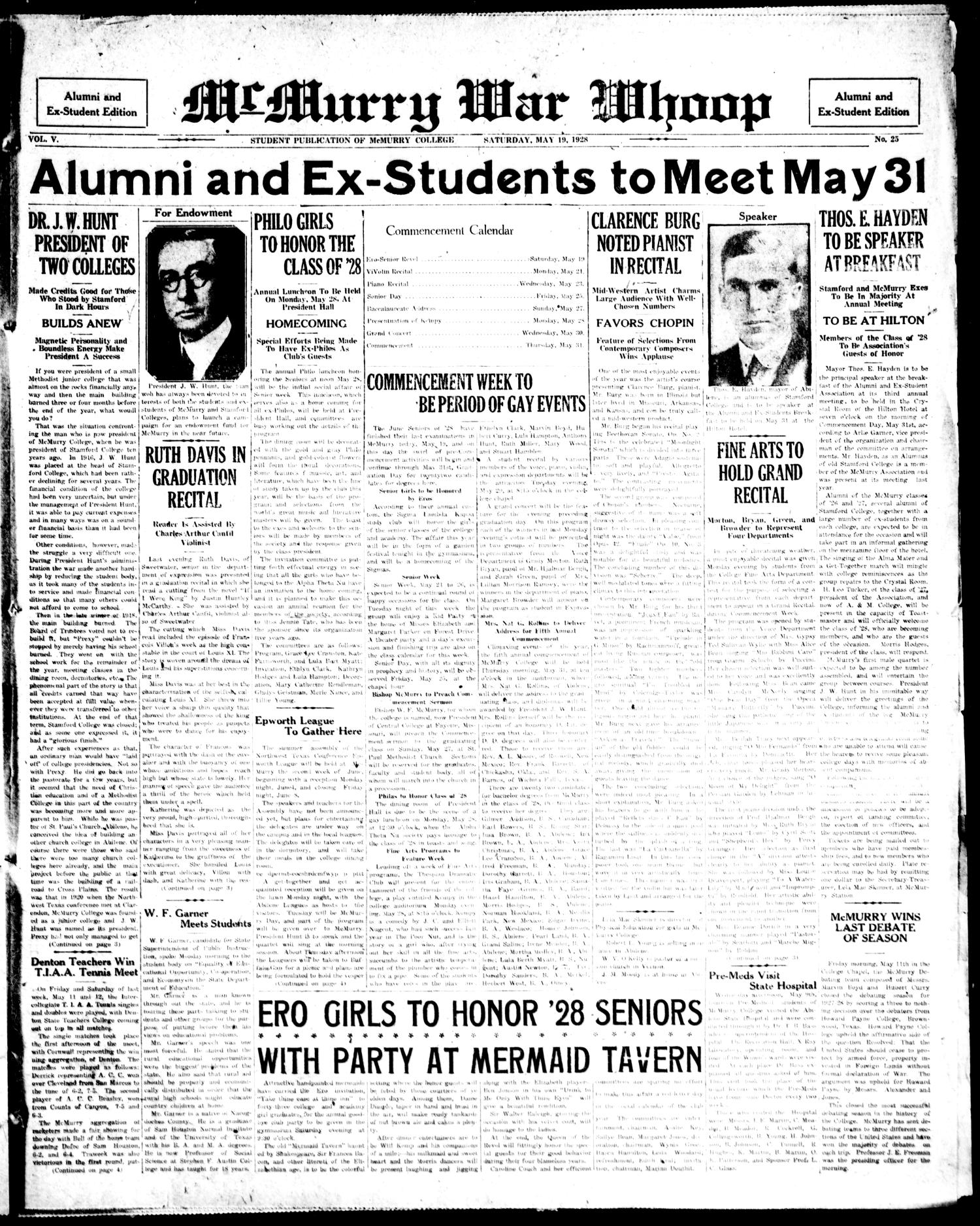 McMurry War Whoop (Abilene, Tex.), Vol. 5, No. 25, Ed. 1, Saturday, May 19, 1928
                                                
                                                    [Sequence #]: 1 of 4
                                                
