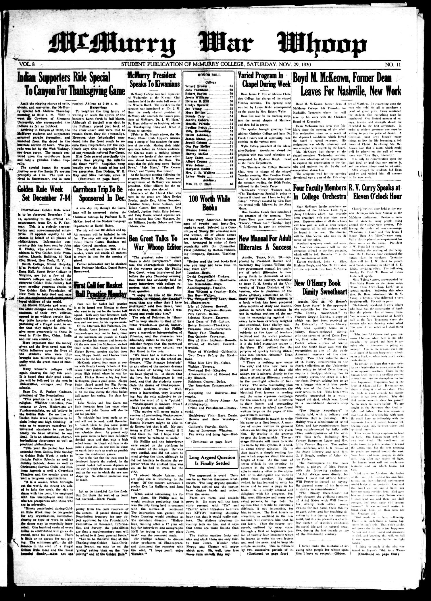 McMurry War Whoop (Abilene, Tex.), Vol. 8, No. 11, Ed. 1, Saturday, November 29, 1930
                                                
                                                    [Sequence #]: 1 of 4
                                                