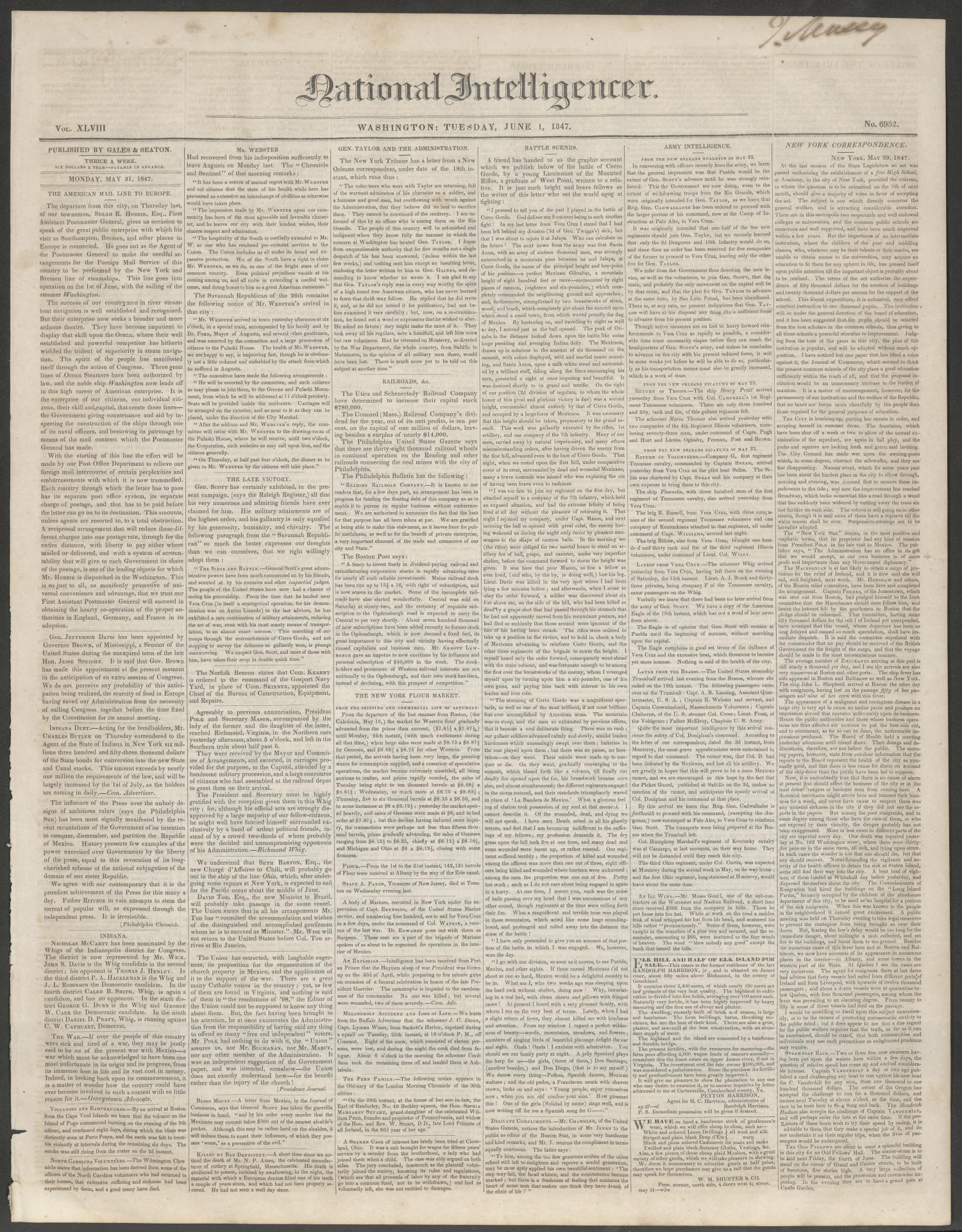 National Intelligencer. (Washington [D.C.]), Vol. 48, No. 6932, Ed. 1 Tuesday, June 1, 1847
                                                
                                                    [Sequence #]: 1 of 4
                                                