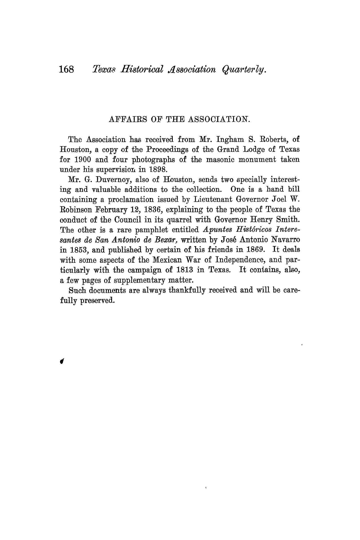 The Quarterly of the Texas State Historical Association, Volume 6, July 1902 - April, 1903
                                                
                                                    168
                                                