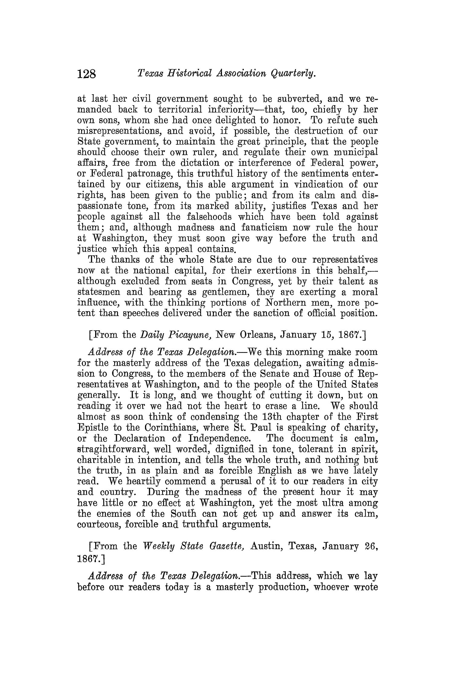 The Quarterly of the Texas State Historical Association, Volume 12, July 1908 - April, 1909
                                                
                                                    128
                                                