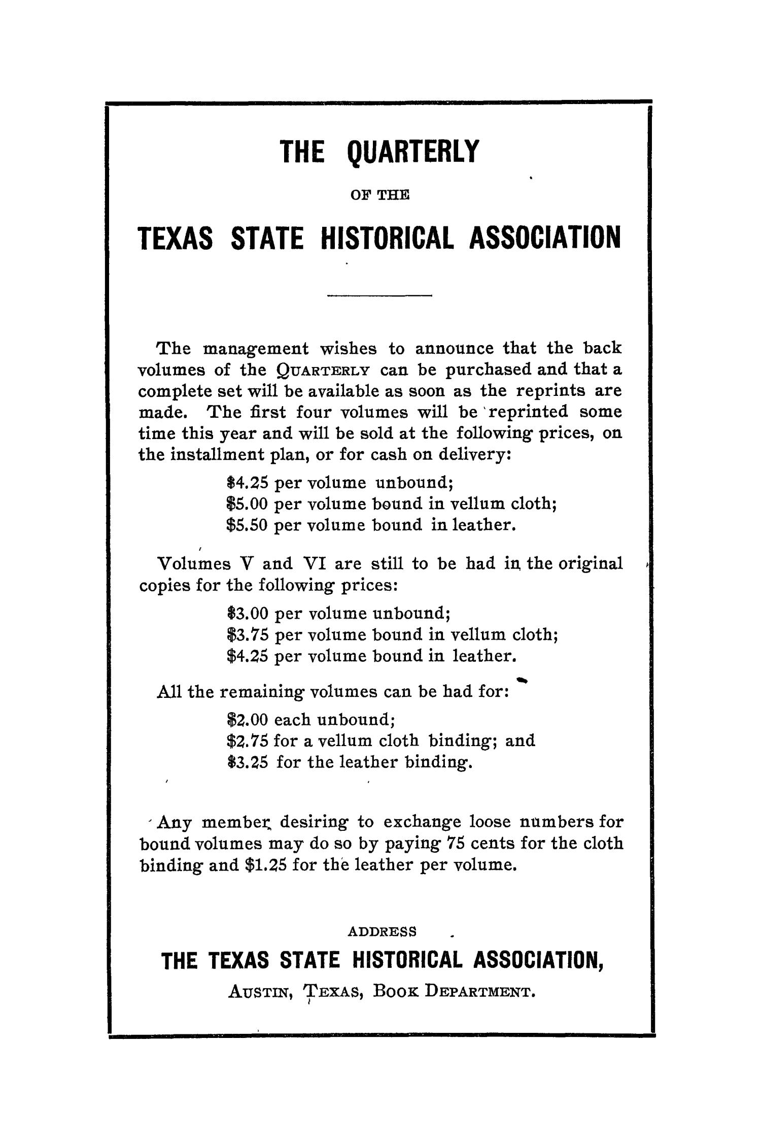The Quarterly of the Texas State Historical Association, Volume 12, July 1908 - April, 1909
                                                
                                                    None
                                                