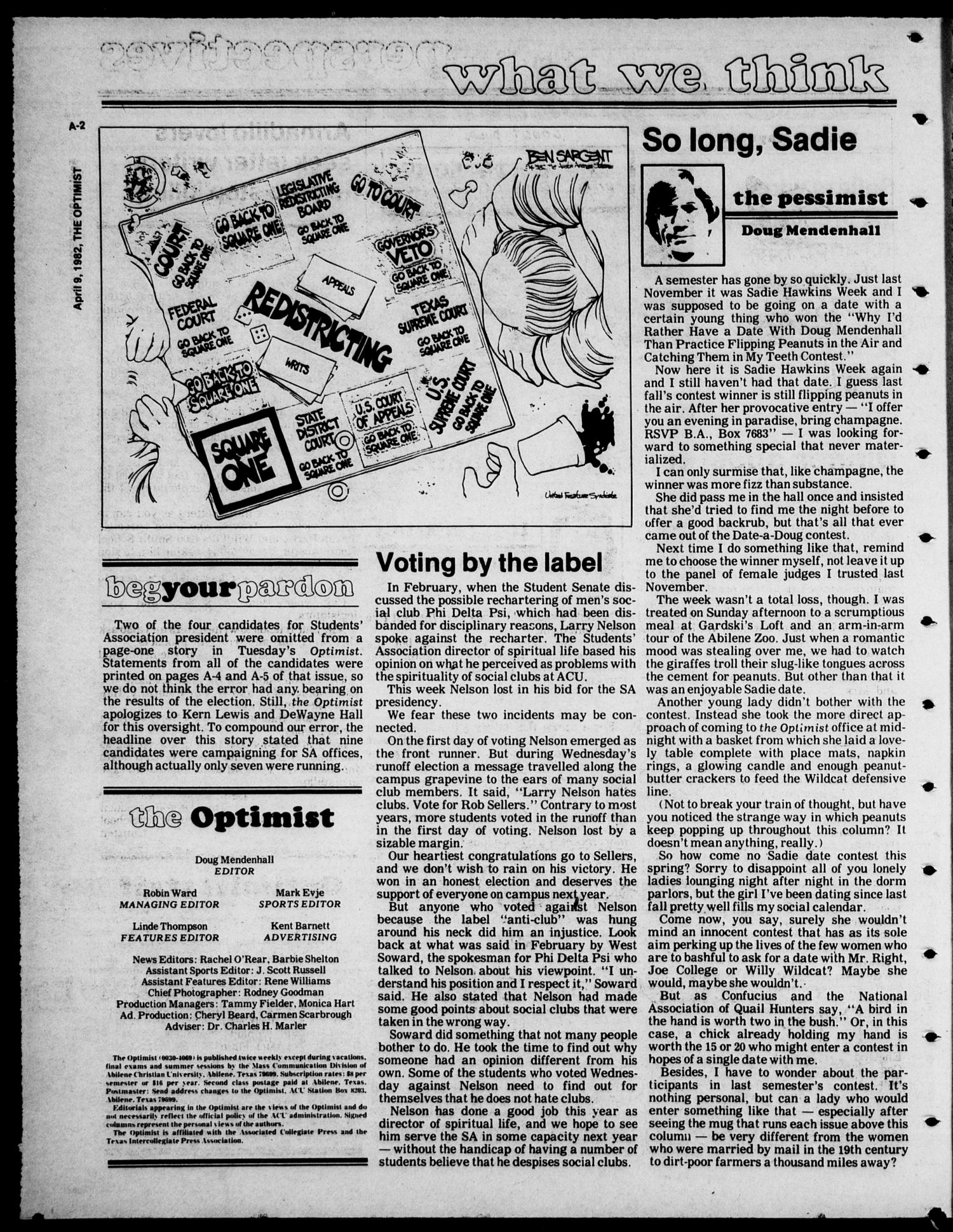 The Optimist (Abilene, Tex.), Vol. 69, No. 49, Ed. 1, Friday, April 9, 1982
                                                
                                                    [Sequence #]: 2 of 16
                                                