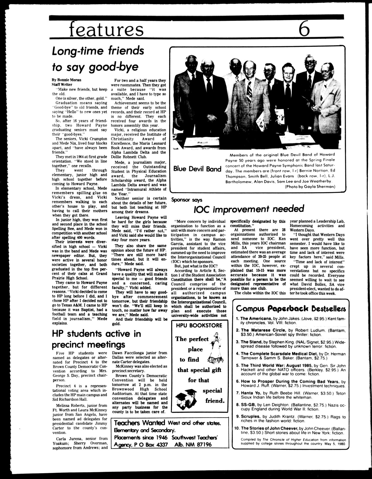 The Howard Payne University Yellow Jacket (Brownwood, Tex.), Vol. 67, No. 29, Ed. 1, Friday, May 9, 1980
                                                
                                                    [Sequence #]: 6 of 8
                                                