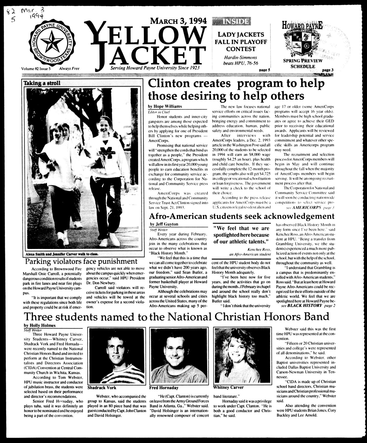 Yellow Jacket (Brownwood, Tex.), Vol. 82, No. 5, Ed. 1, Thursday, March 3, 1994
                                                
                                                    [Sequence #]: 1 of 8
                                                