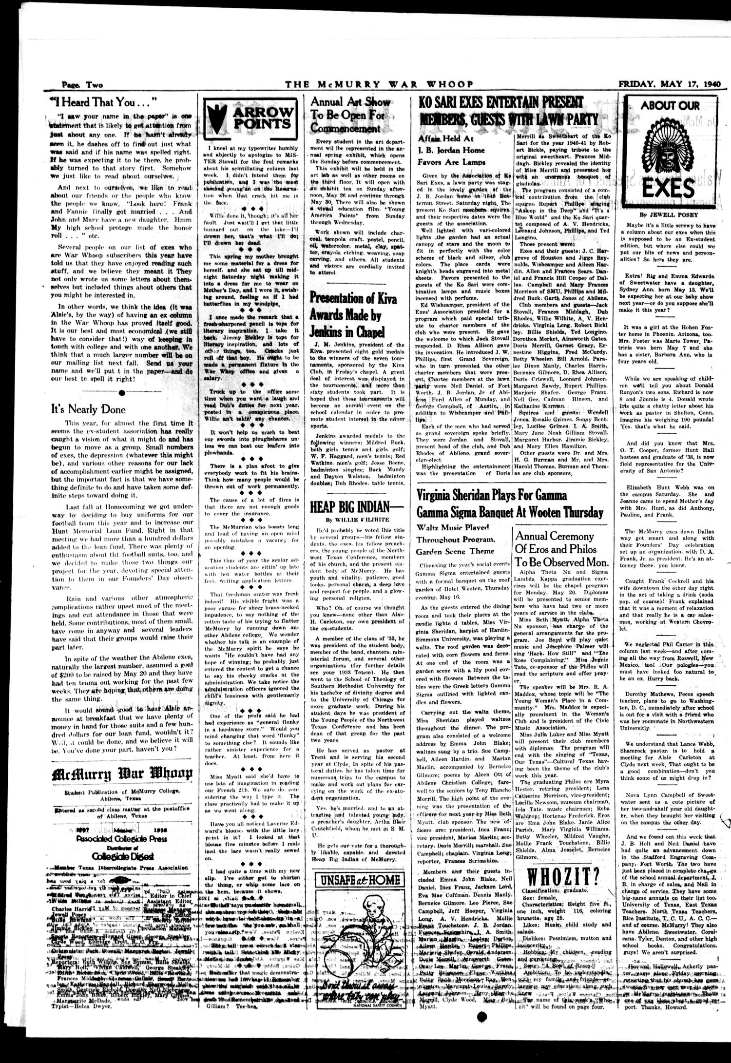 McMurry War Whoop (Abilene, Tex.), Vol. 17, No. 28, Ed. 1, Friday, May 17, 1940
                                                
                                                    [Sequence #]: 2 of 4
                                                