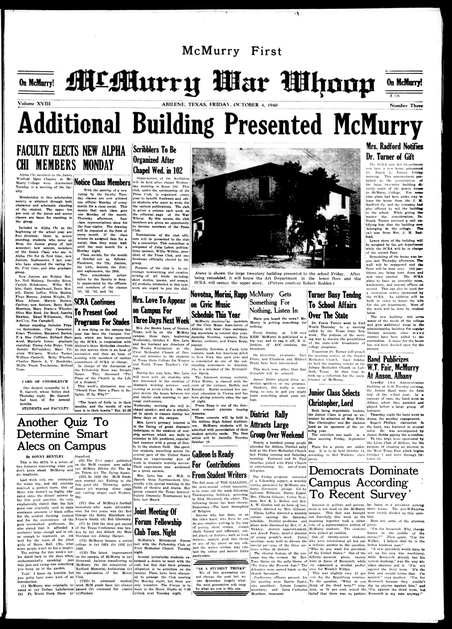 McMurry War Whoop (Abilene, Tex.), Vol. 18, No. 3, Ed. 1, Friday, October 4, 1940
                                                
                                                    [Sequence #]: 1 of 4
                                                