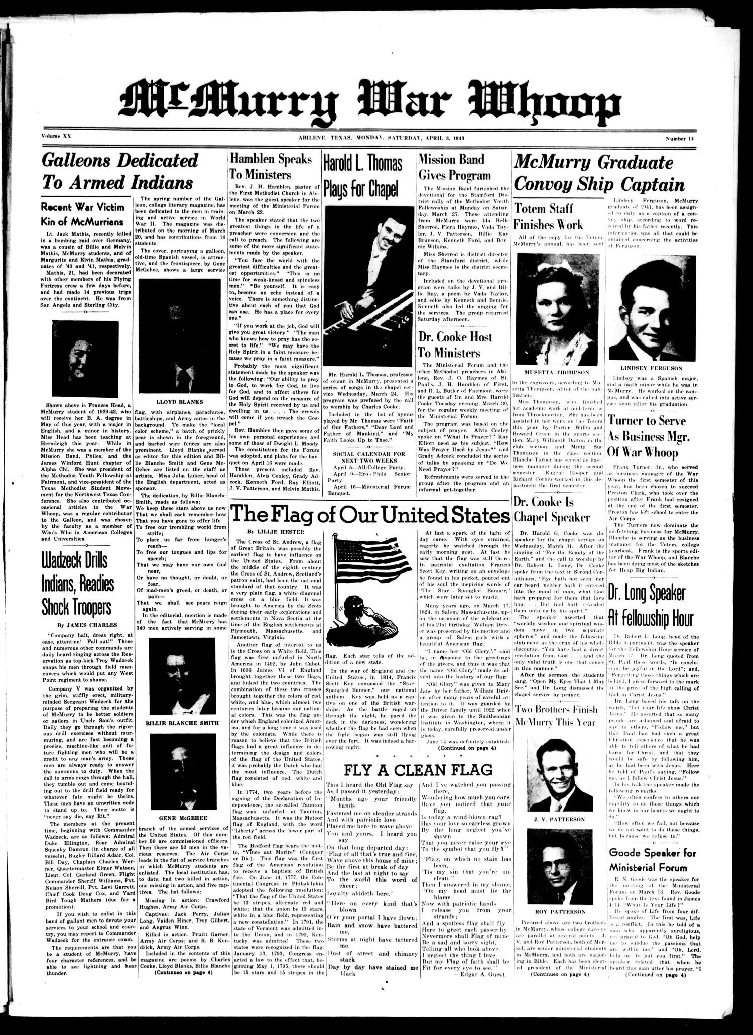 McMurry War Whoop (Abilene, Tex.), Vol. 20, No. 14, Ed. 1, Saturday, April 3, 1943
                                                
                                                    [Sequence #]: 1 of 4
                                                