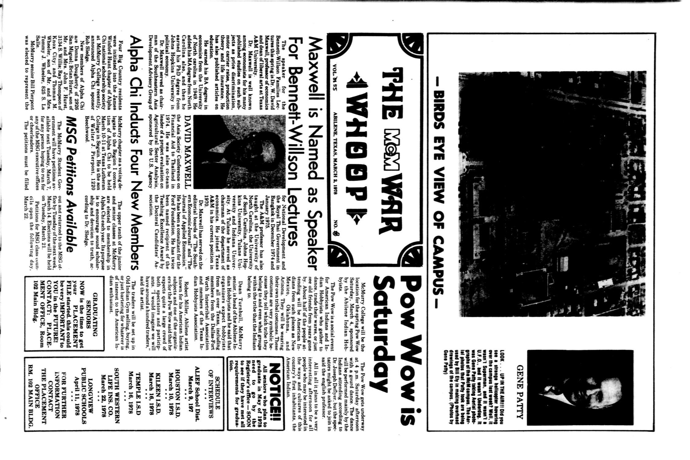 The McM War Whoop (Abilene, Tex.), Vol. 55, No. 18, Ed. 1, Thursday, March 2, 1978
                                                
                                                    [Sequence #]: 1 of 4
                                                