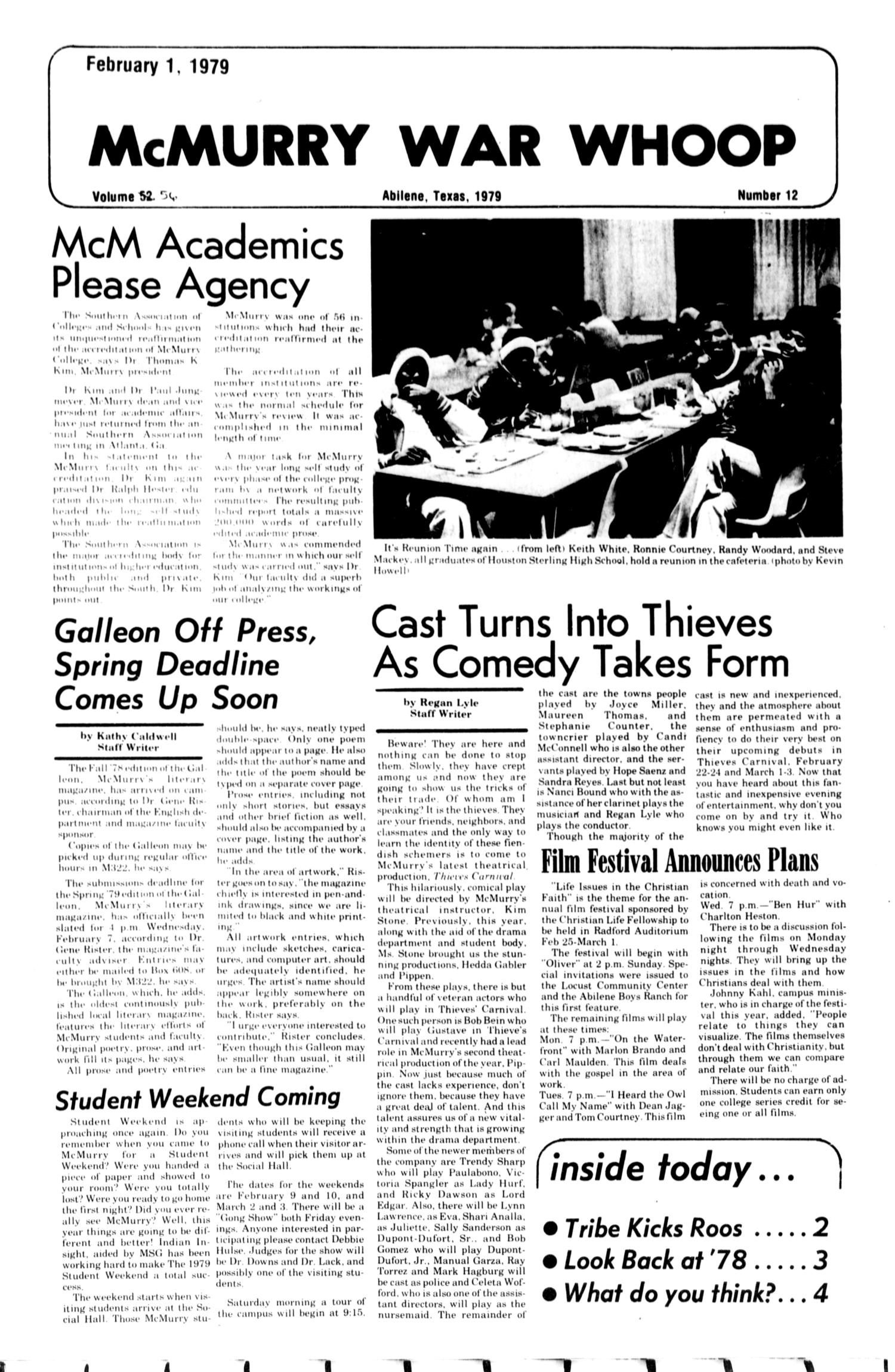 McMurry War Whoop (Abilene, Tex.), Vol. 56, No. 12, Ed. 1, Thursday, February 1, 1979
                                                
                                                    [Sequence #]: 1 of 4
                                                