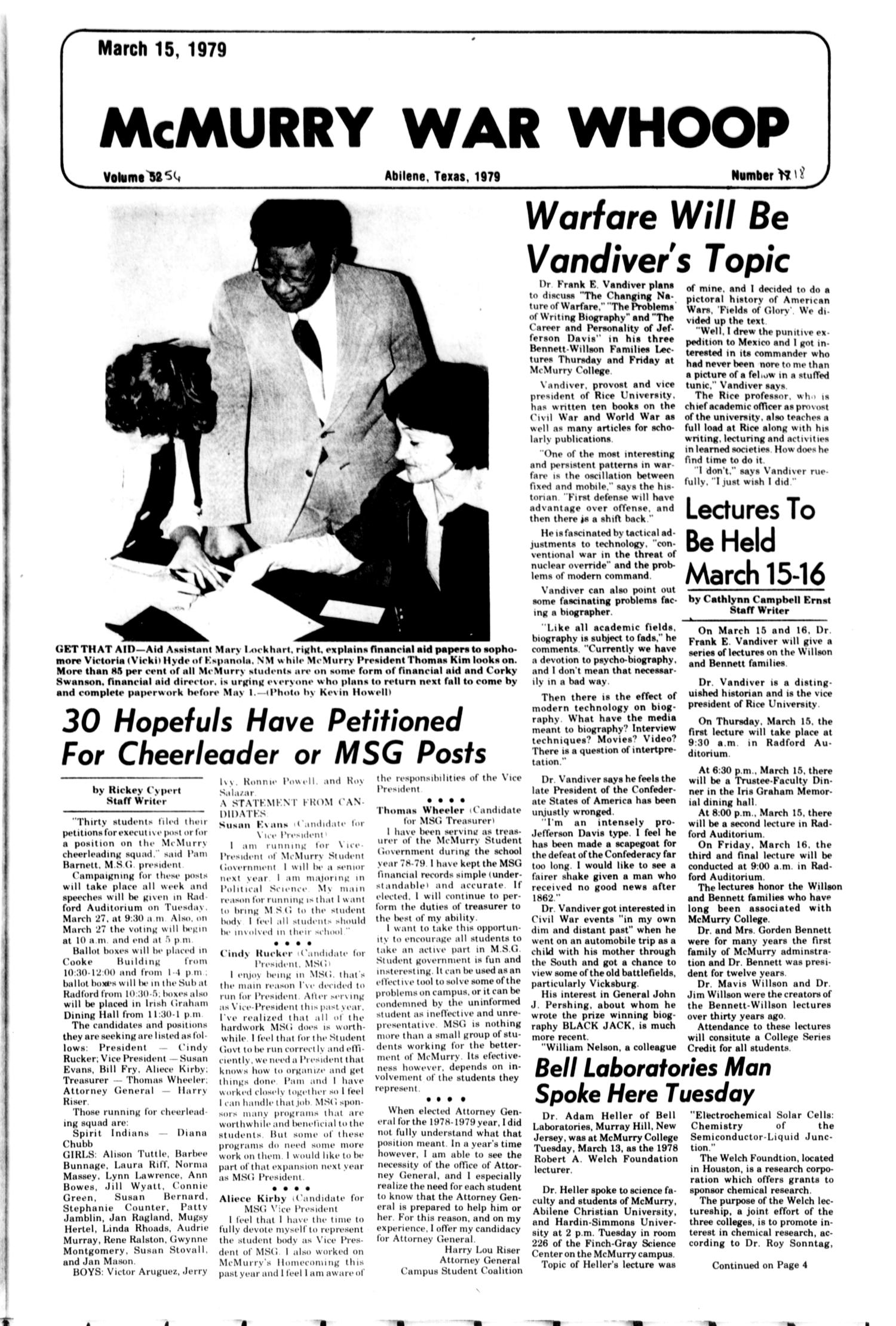 McMurry War Whoop (Abilene, Tex.), Vol. 56, No. 18, Ed. 1, Thursday, March 15, 1979
                                                
                                                    [Sequence #]: 1 of 4
                                                