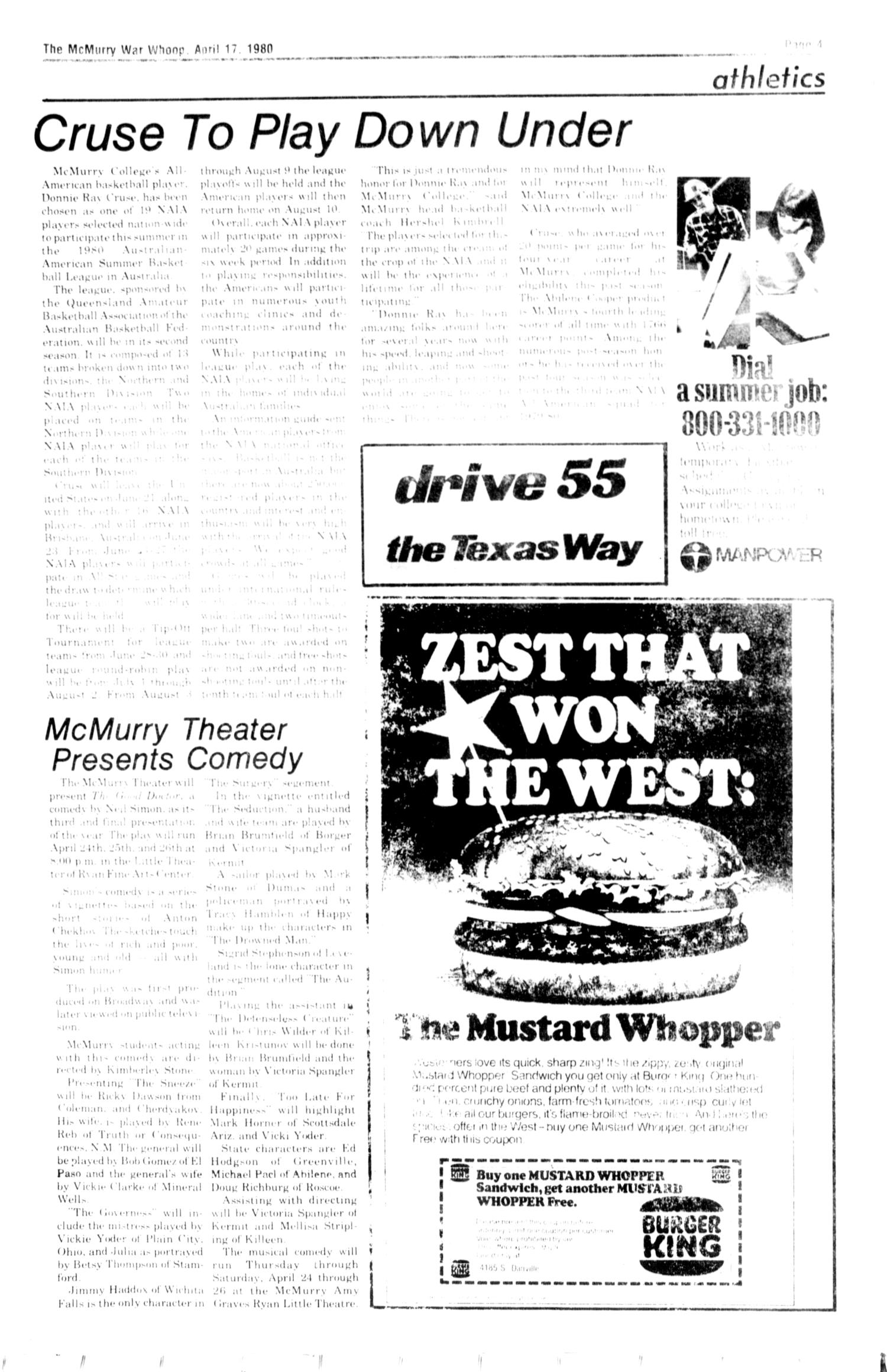 McMurry War Whoop (Abilene, Tex.), Vol. 57, No. 21, Ed. 1, Thursday, April 17, 1980
                                                
                                                    [Sequence #]: 4 of 4
                                                