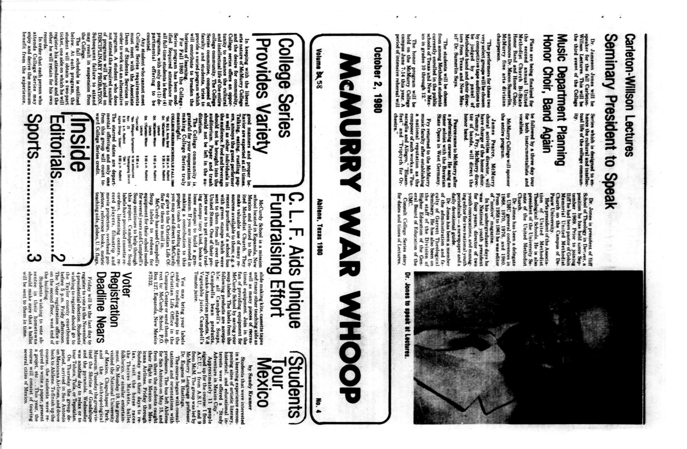 McMurry War Whoop (Abilene, Tex.), Vol. 58, No. 4, Ed. 1, Thursday, October 2, 1980
                                                
                                                    [Sequence #]: 1 of 4
                                                
