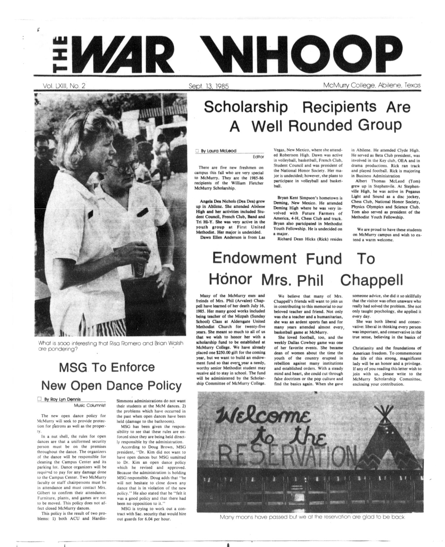The War Whoop (Abilene, Tex.), Vol. 63, No. 2, Ed. 1, Friday, September 13, 1985
                                                
                                                    [Sequence #]: 1 of 8
                                                