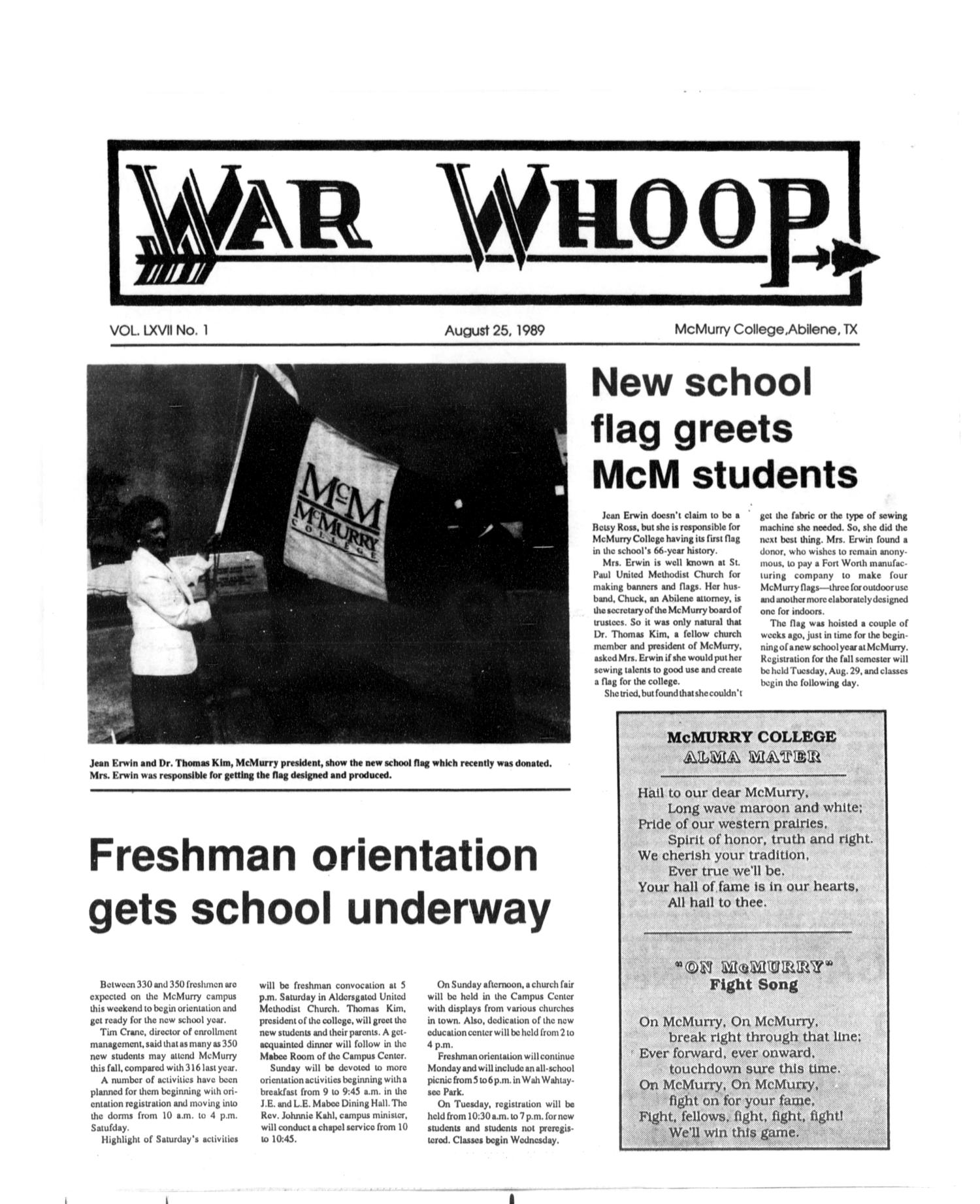 War Whoop (Abilene, Tex.), Vol. 67, No. 1, Ed. 1, Friday, August 25, 1989
                                                
                                                    [Sequence #]: 1 of 4
                                                