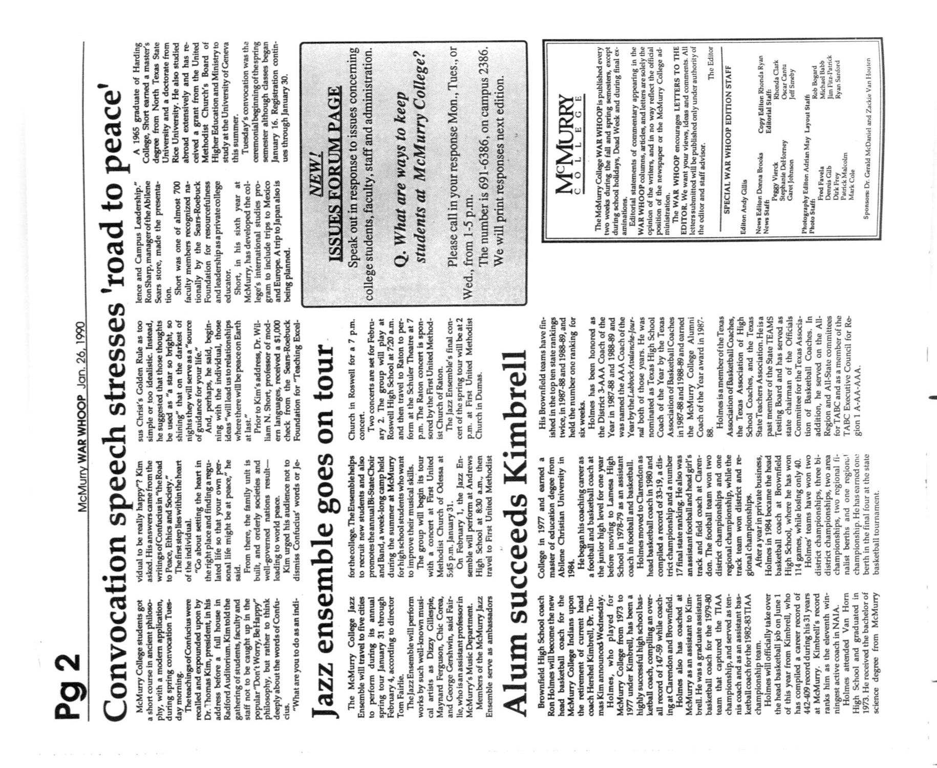 McMurry College War Whoop (Abilene, Tex.), Vol. 67, No. 7, Ed. 1, Friday, January 26, 1990
                                                
                                                    [Sequence #]: 2 of 8
                                                