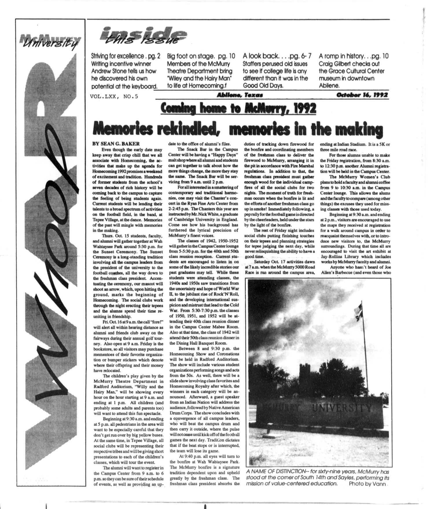 McMurry University War Whoop (Abilene, Tex.), Vol. 70, No. 5, Ed. 1, Friday, October 16, 1992
                                                
                                                    [Sequence #]: 1 of 12
                                                