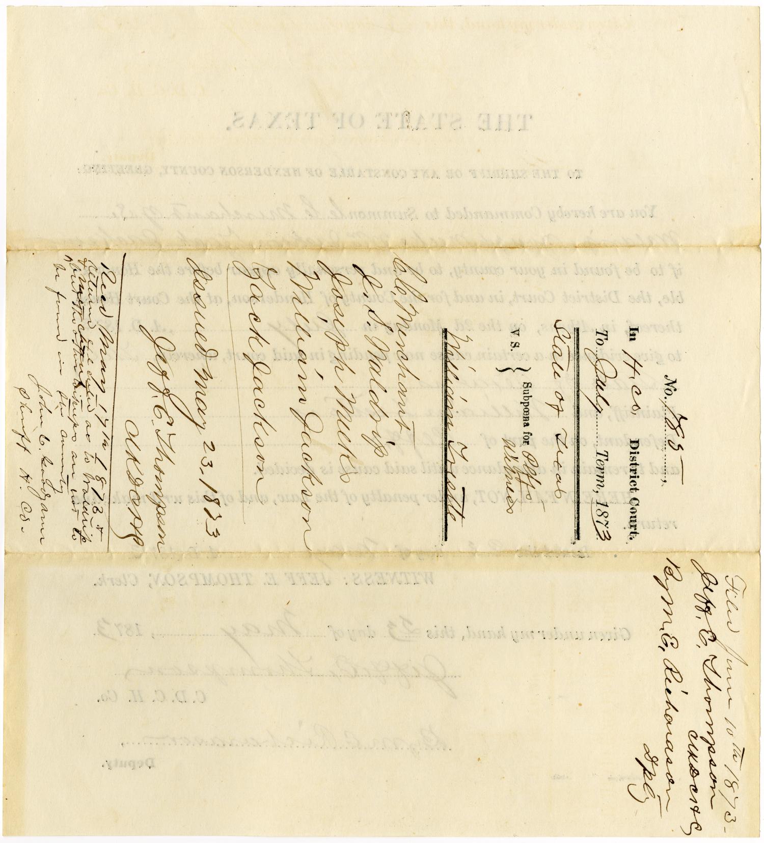 Documents related to the case of The State of Texas vs. William Trestle, cause no. 785, 1872
                                                
                                                    [Sequence #]: 4 of 12
                                                