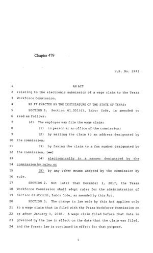 Primary view of object titled '85th Texas Legislature, Regular Session, House Bill 2443, Chapter 479'.