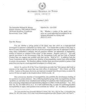 Primary view of object titled 'Texas Attorney General Opinion: GA-1030'.